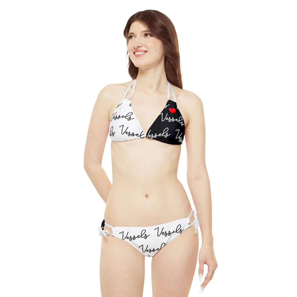 Black and White Strappy Bikini Set - Summer Swimwear, Beachwear, Vacation Essential, Pool Party Outfit, Cute Love Design
