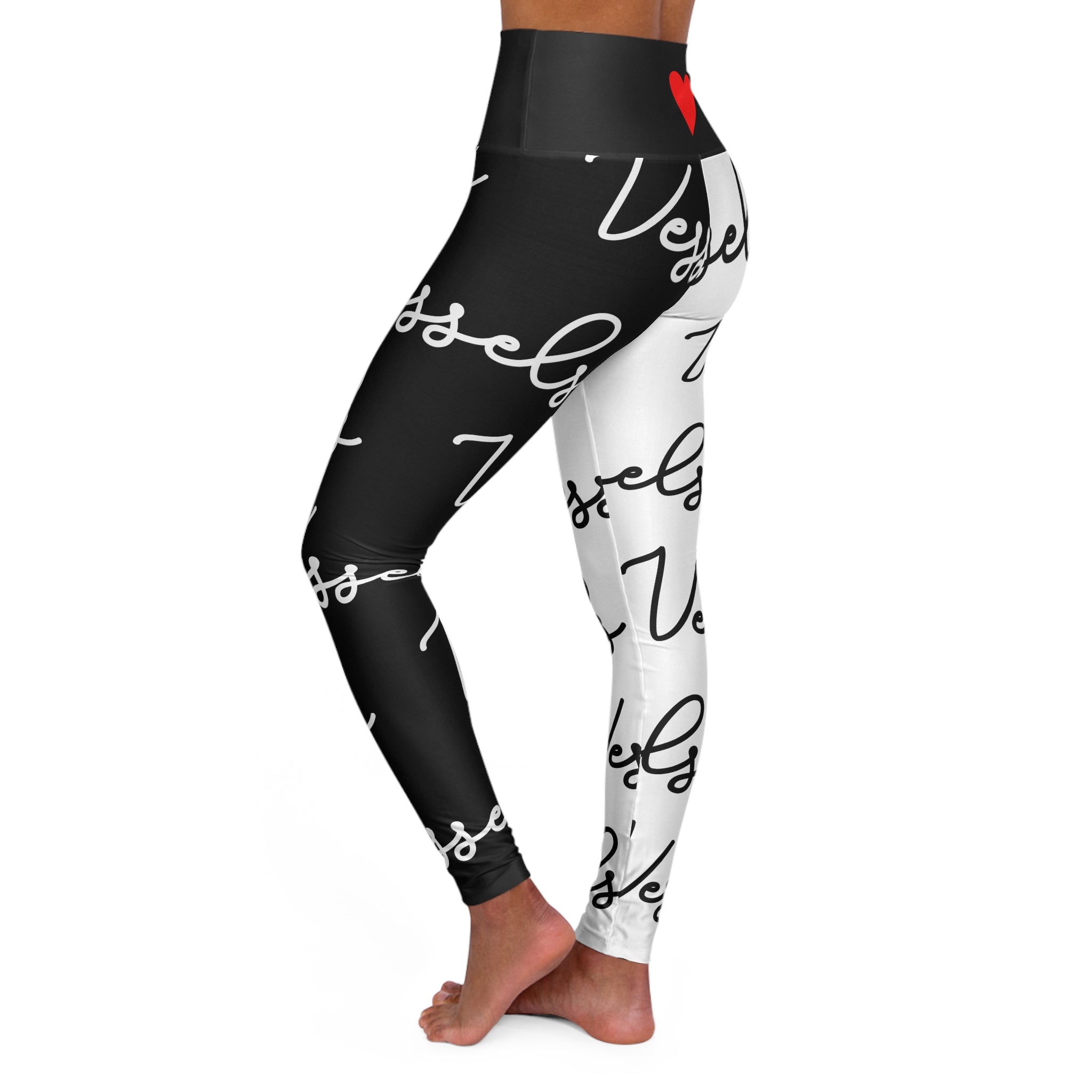 Black and White Yoga Leggings with Red Heart, High Waisted Workout Pants, Gym Tights, Athletic Leggings, Fitness Bottoms