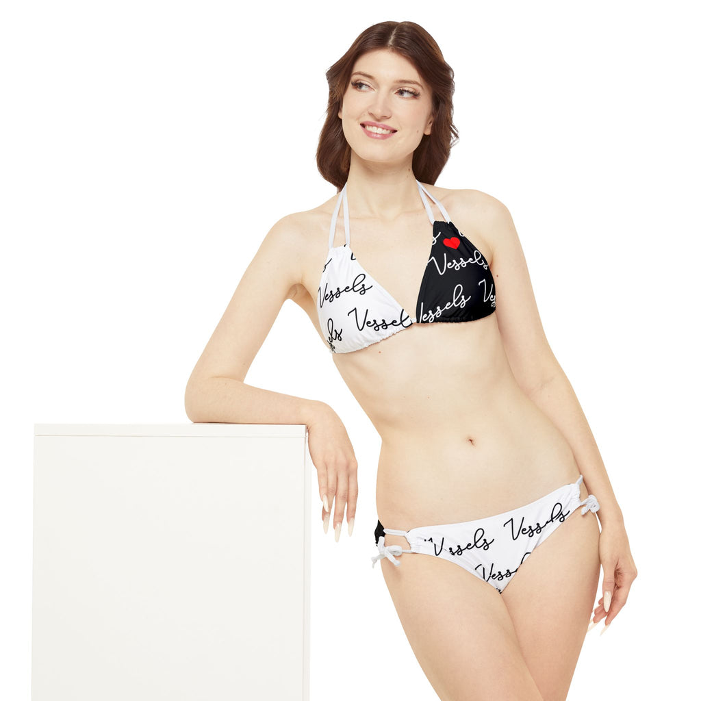 Black and White Strappy Bikini Set - Summer Swimwear, Beachwear, Vacation Essential, Pool Party Outfit, Cute Love Design