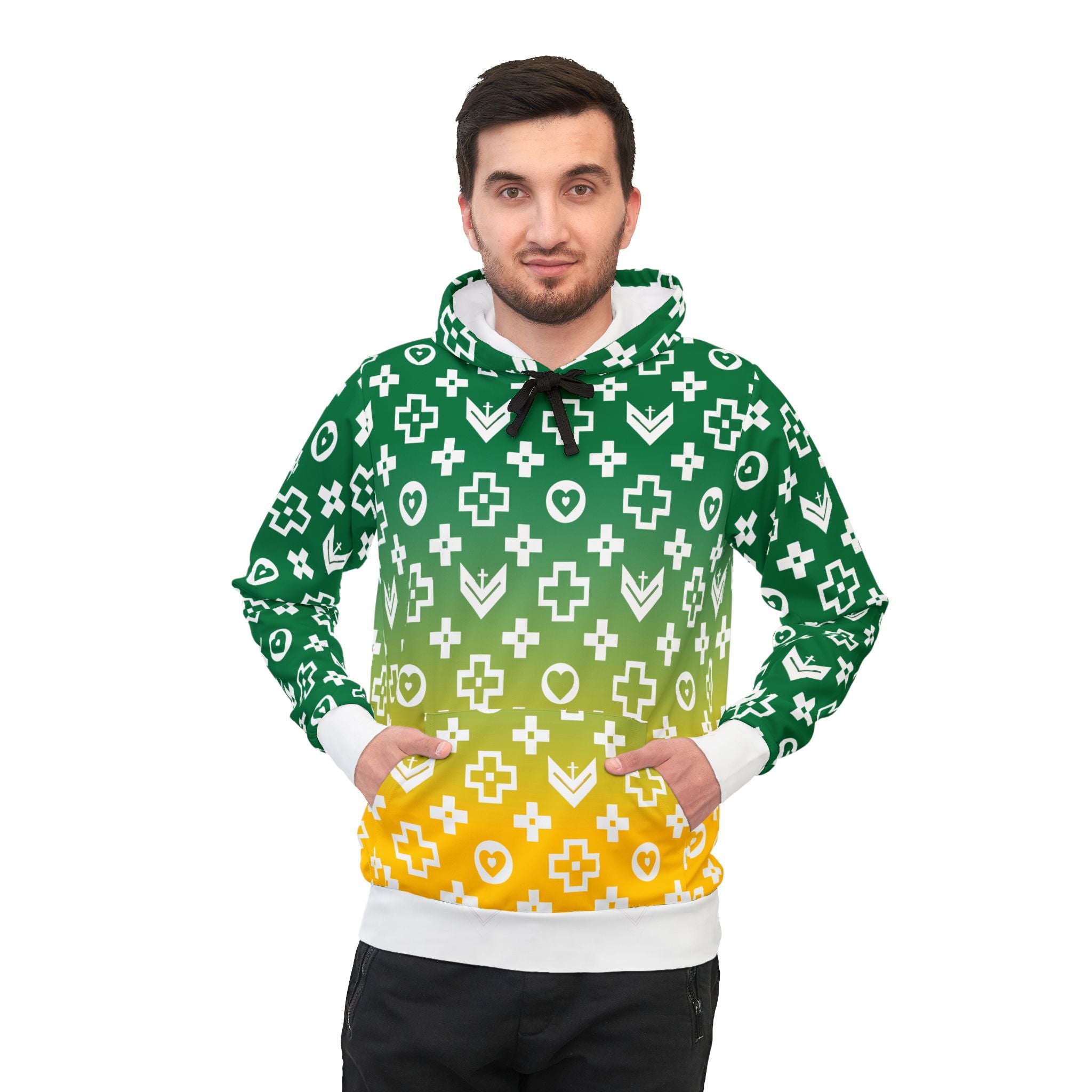 Stylish Athletic Hoodie with Trendy Cross and Logo Pattern - Green and Yellow Fade