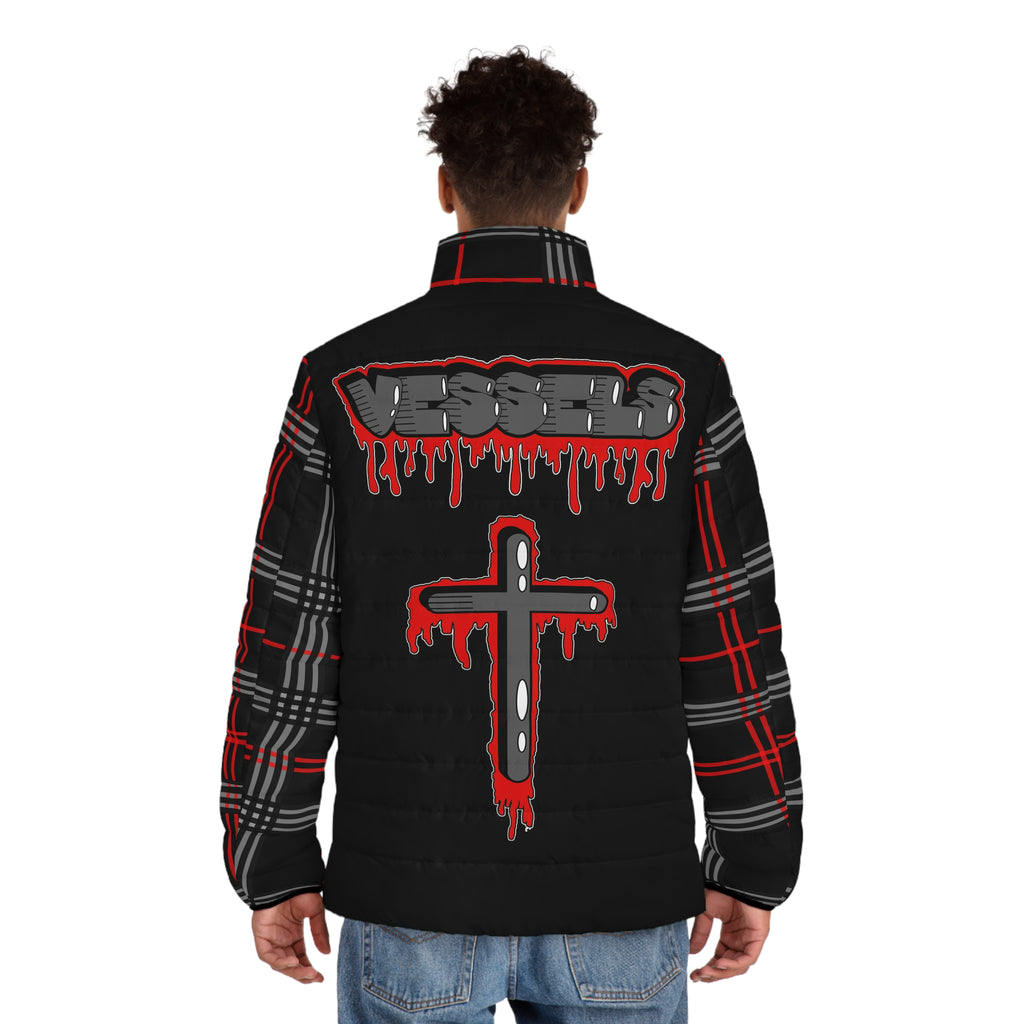Men's Puffer Jacket - Nothing but the blood of Jesus, Cross Dripping Christianity Design