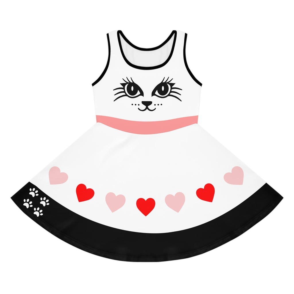Cute Cat and Hearts Girls' Sleeveless Sundress | Adorable Summer Dress for Kids