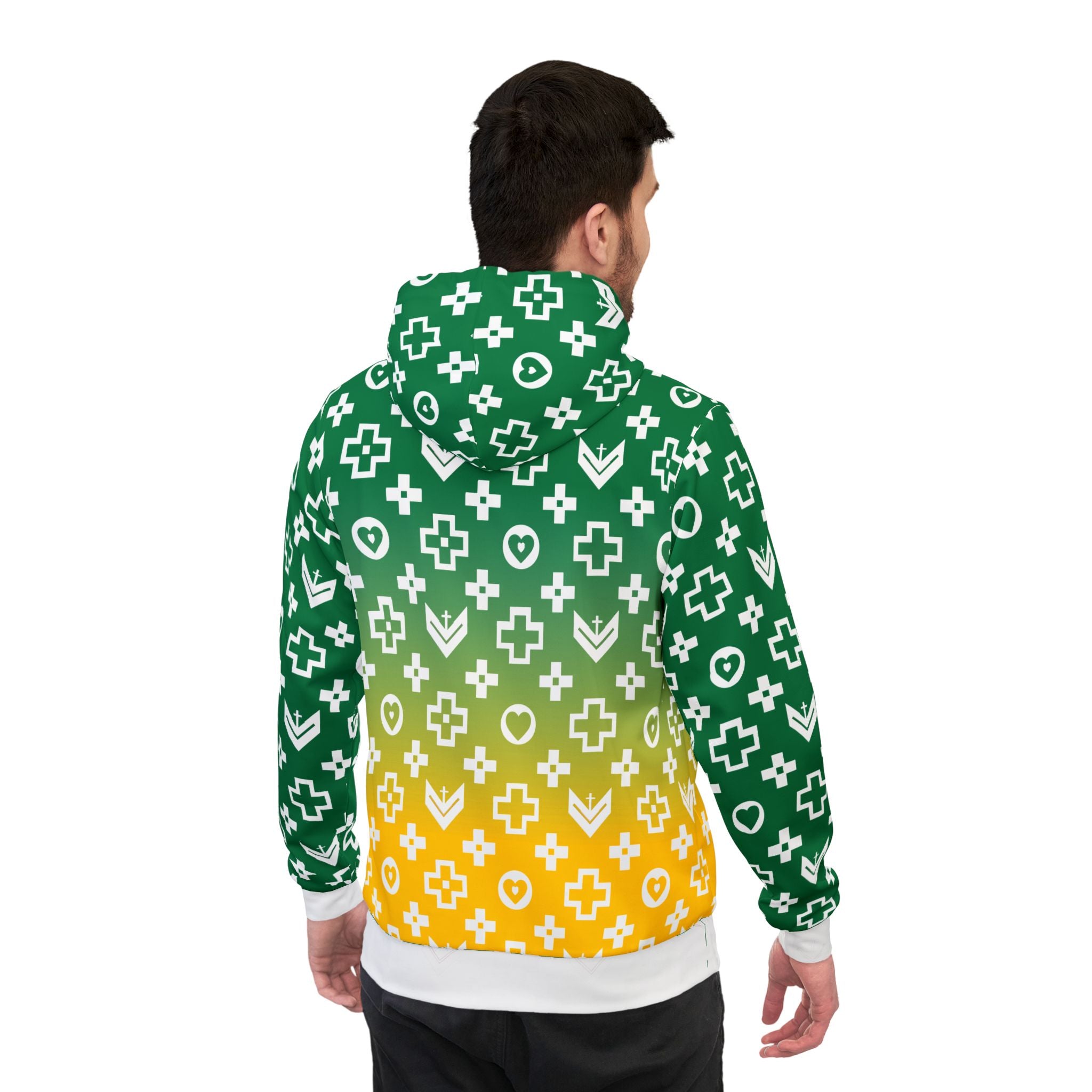 Stylish Athletic Hoodie with Trendy Cross and Logo Pattern - Green and Yellow Fade