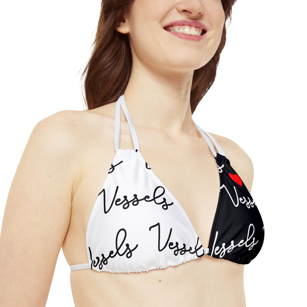 Black and White Strappy Bikini Set - Summer Swimwear, Beachwear, Vacation Essential, Pool Party Outfit, Cute Love Design