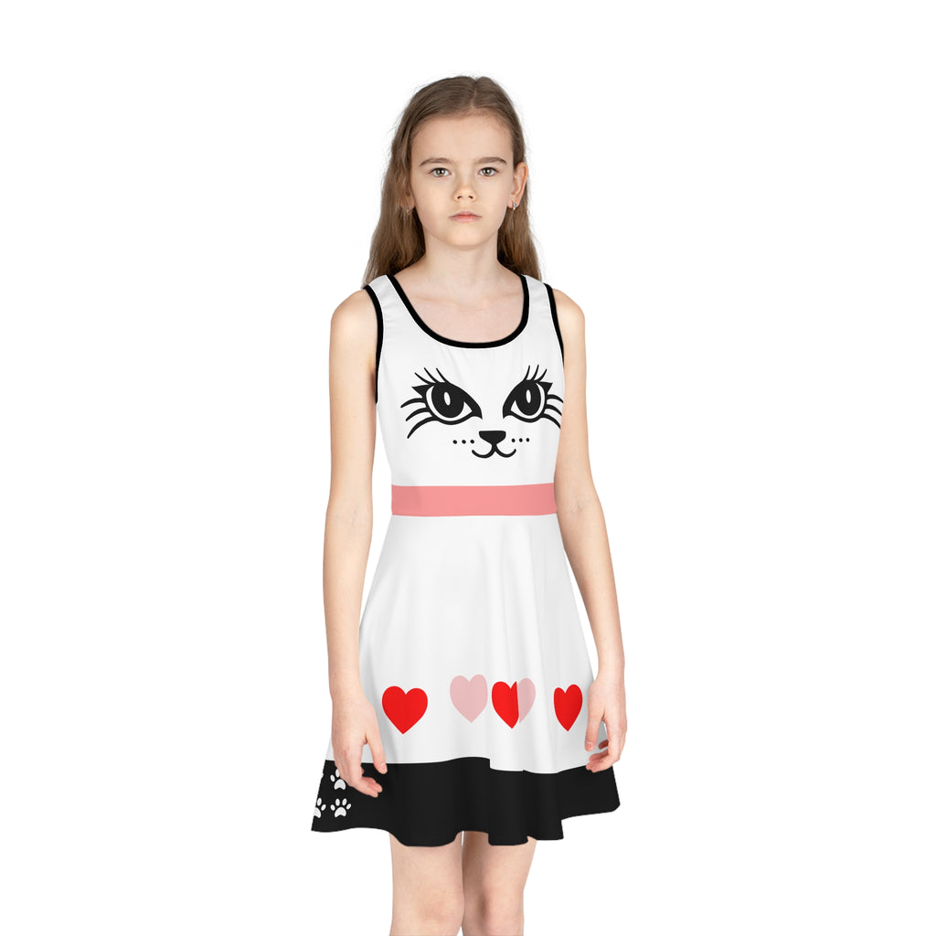 Cute Cat and Hearts Girls' Sleeveless Sundress | Adorable Summer Dress for Kids