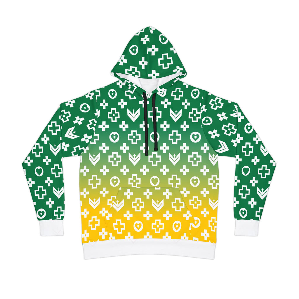 Stylish Athletic Hoodie with Trendy Cross and Logo Pattern - Green and Yellow Fade