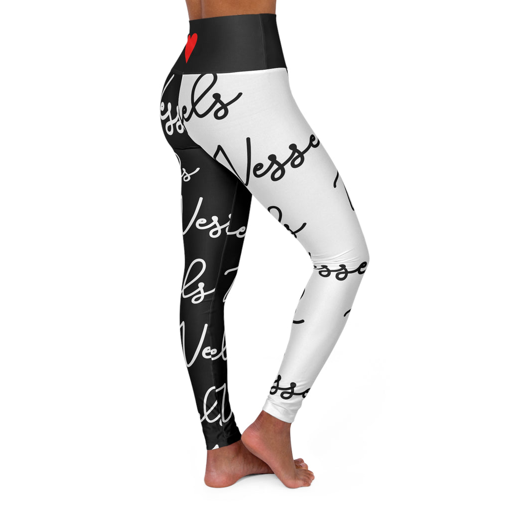 Black and White Yoga Leggings with Red Heart, High Waisted Workout Pants, Gym Tights, Athletic Leggings, Fitness Bottoms