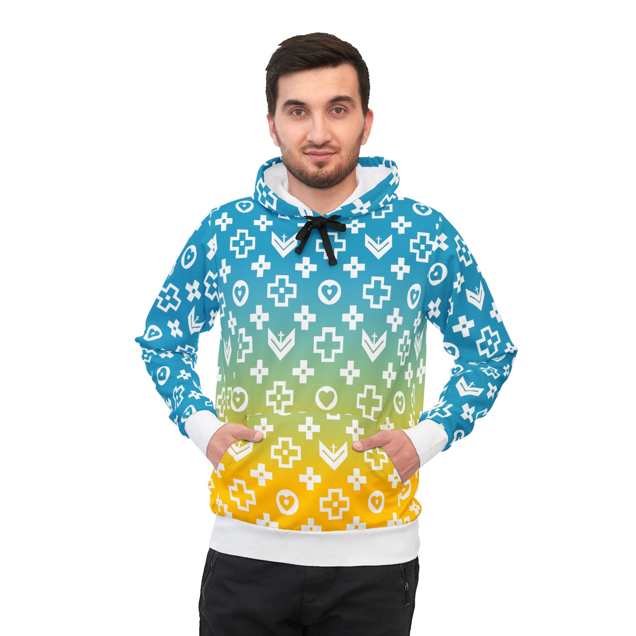 Stylish Athletic Hoodie with Trendy Cross and Logo Pattern - Sky Blue and Yellow Fade