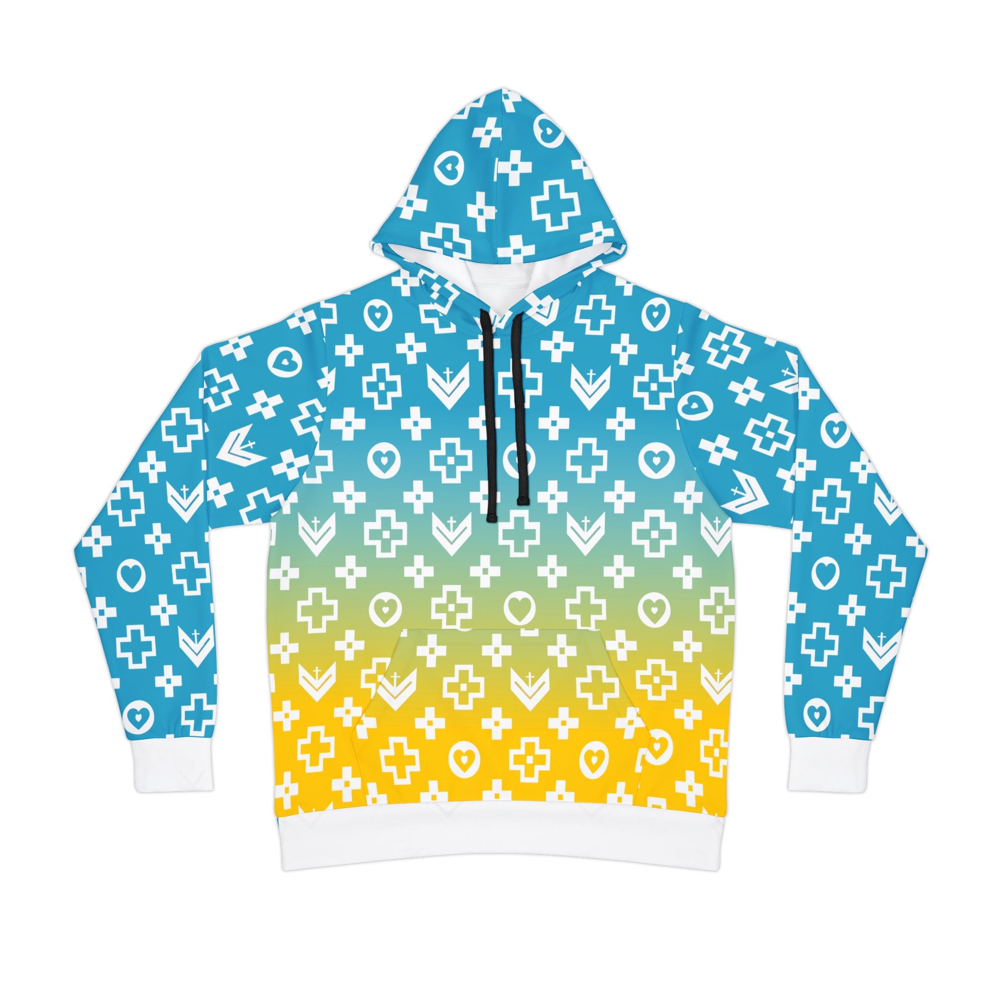 Stylish Athletic Hoodie with Trendy Cross and Logo Pattern - Sky Blue and Yellow Fade