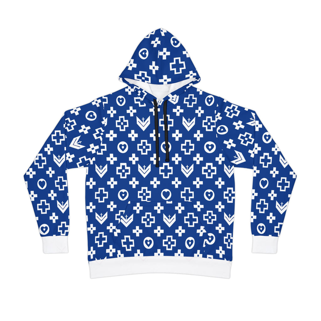 Stylish Athletic Hoodie with Trendy Cross and Logo Pattern - Royal Blue