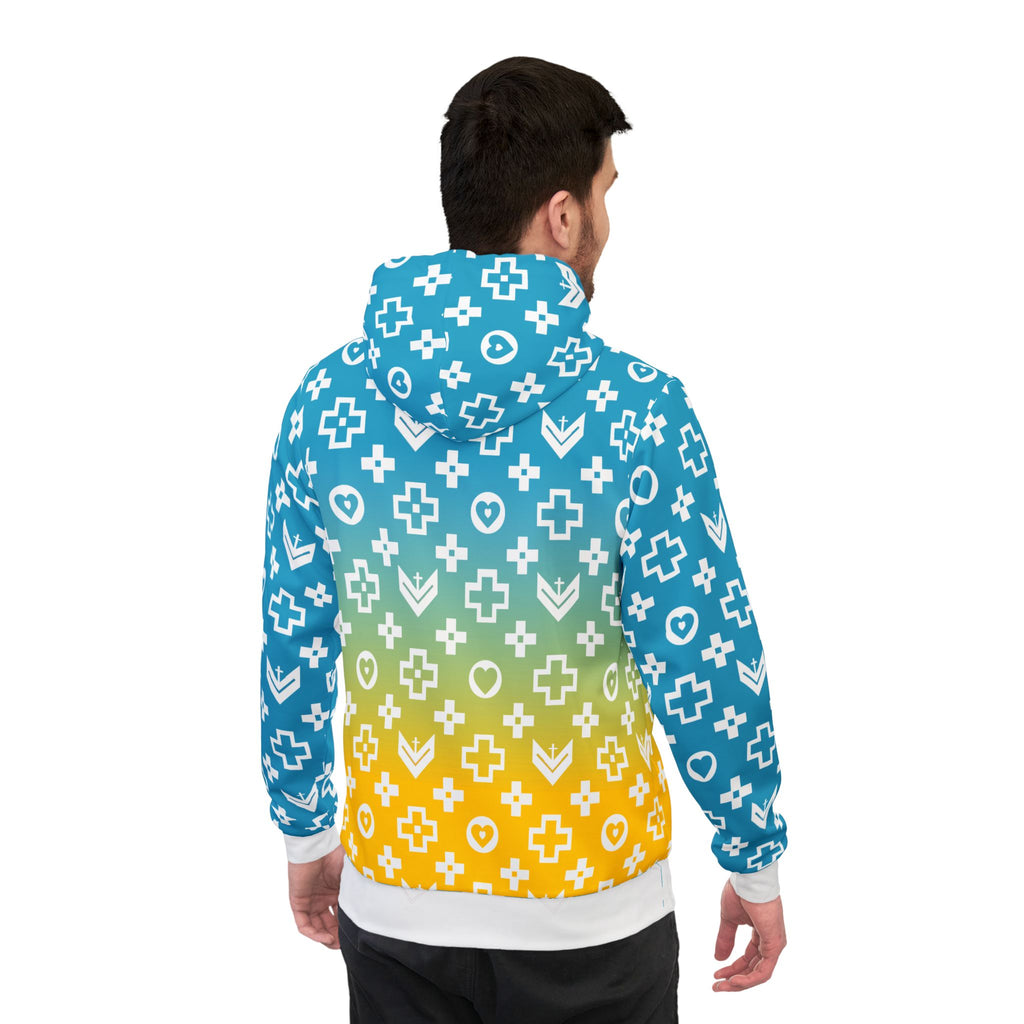 Stylish Athletic Hoodie with Trendy Cross and Logo Pattern - Sky Blue and Yellow Fade