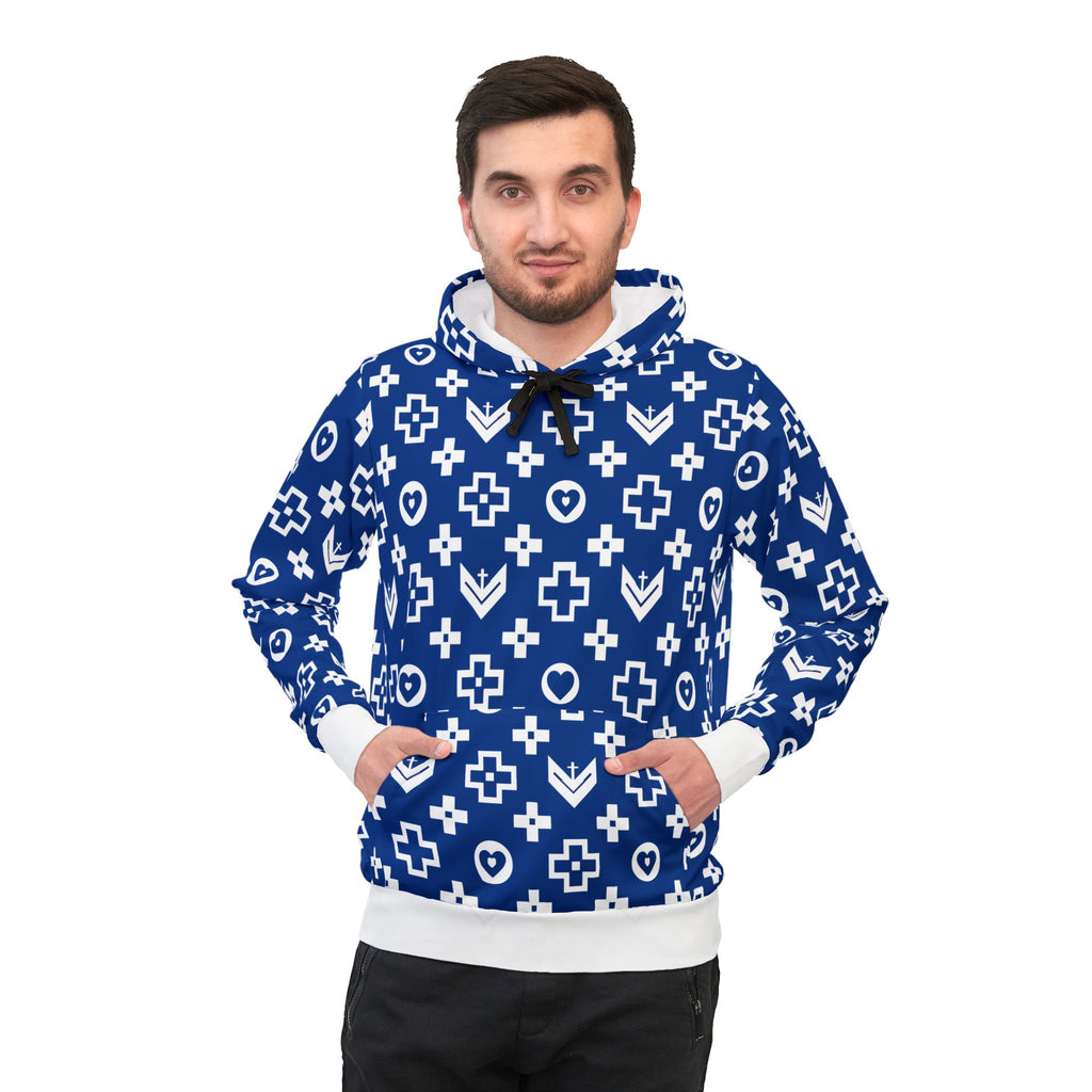 Stylish Athletic Hoodie with Trendy Cross and Logo Pattern - Royal Blue