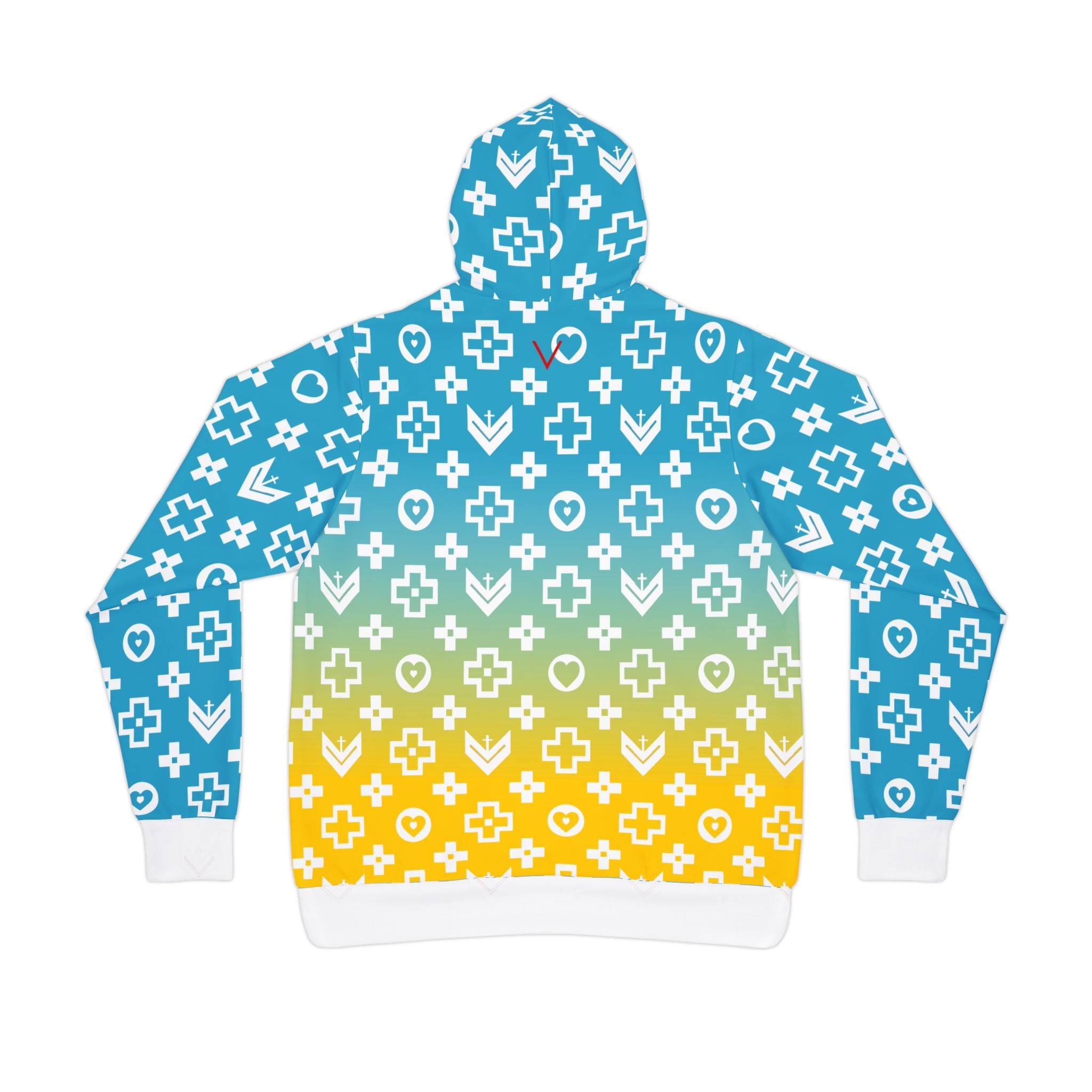Stylish Athletic Hoodie with Trendy Cross and Logo Pattern - Sky Blue and Yellow Fade