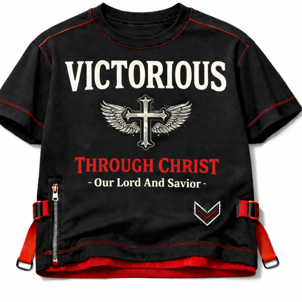 Victorious Through Christ Tactical Faith Tee – Black & Red Christian Streetwear