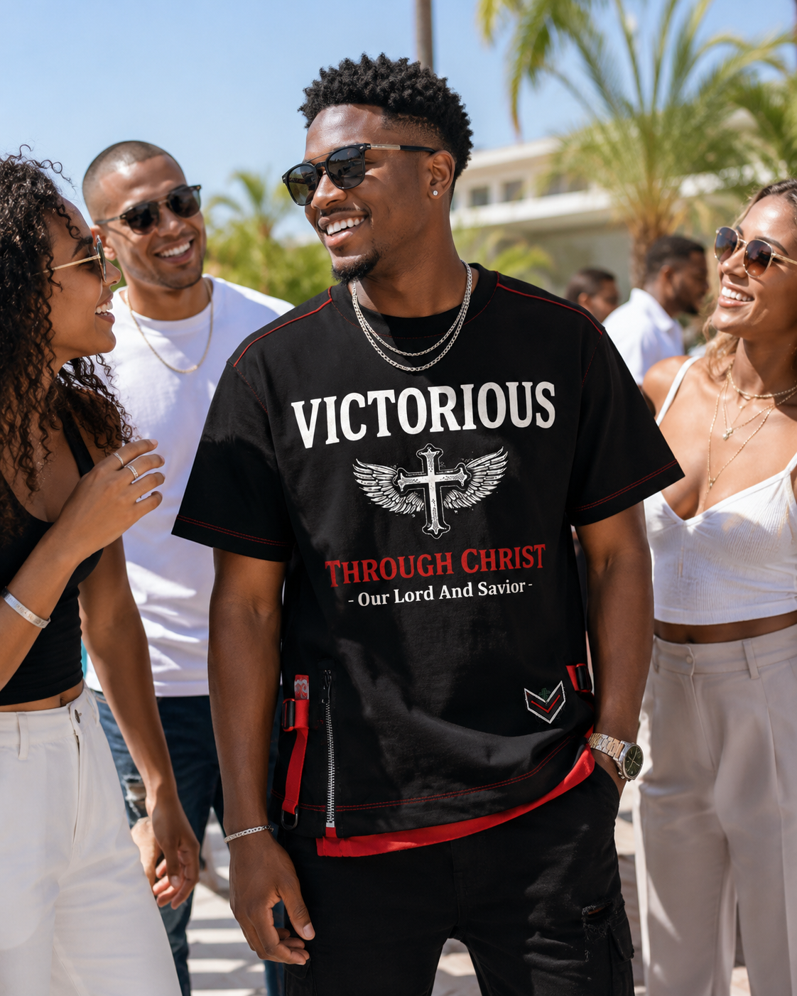 Victorious Through Christ Tactical Faith Tee – Black & Red Christian Streetwear